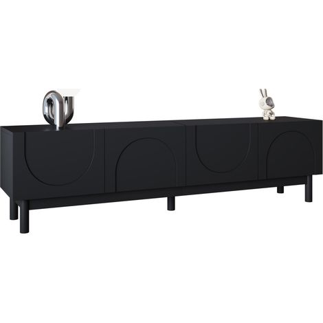 Meuble TV bas portes incurvées design vague, étagères et support TV inclinable, pieds stabilisateurs 169x34x45,5cm - Noir (1/5)