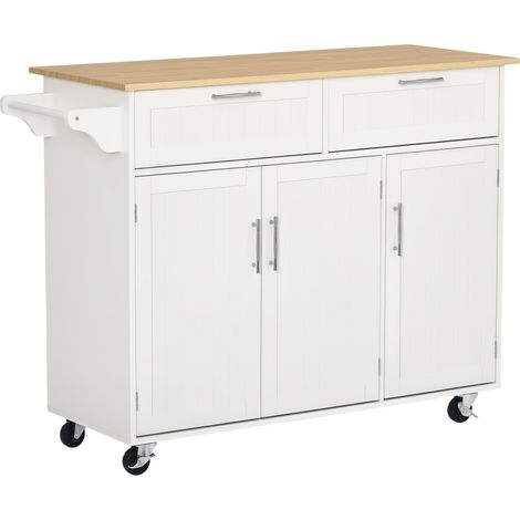 Carrello da Cucina Multiuso in Legno con 2 Cassetti, 3 Antine e 4 Ruote 121x46x91cm - Bianco