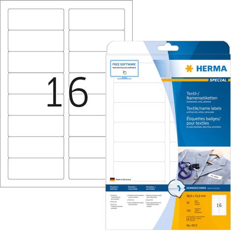HERMA Nombre Especial-Textil Acetato de Seda Autoadhesivo Removible Blanco 33.8 x 88.9 mm 320 Etiqueta(s) (20 Hoja(s) x 16)… (1/3)