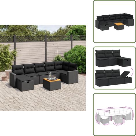 Ratán sintético - vidaXL Set de sofás de jardín 8 piezas y cojines ratán sintético negro - Sofás de jardín negro