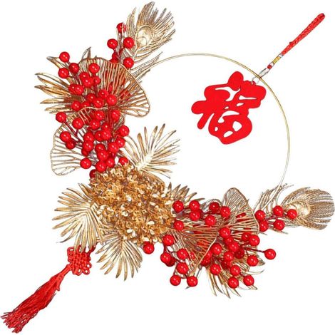 Couronne de Nouvel An chinois faite à la main - 40 cm - Guirlandes avec baies pour décoration de fenêtre de porche - Décoration de porte d'entrée - Couleur vive - Décoration de festival (1/4)