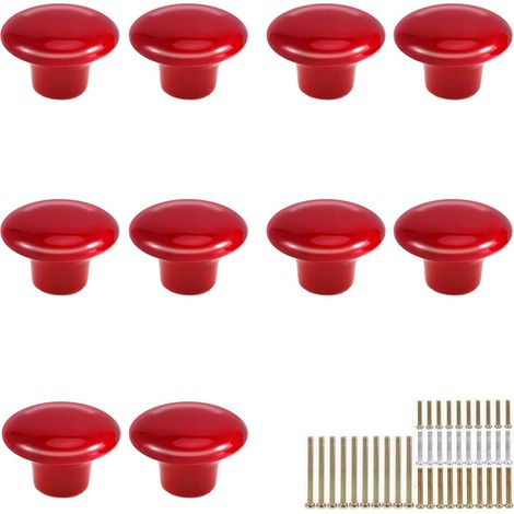 JSSEVN - 10 Pieces Round Ceramic Furniture Knobs 38mm - Cabinet Door Knobs - Kitchen Cabinet Handle with 10 Screws (25mm), Red (1/5)