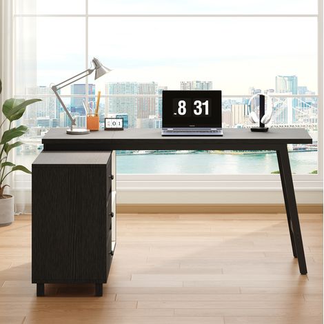 Bureau d'angle 150x100x76 cm en MDF et métal noir et blanc, avec rangement pour bureau FloraGrace (1/5)