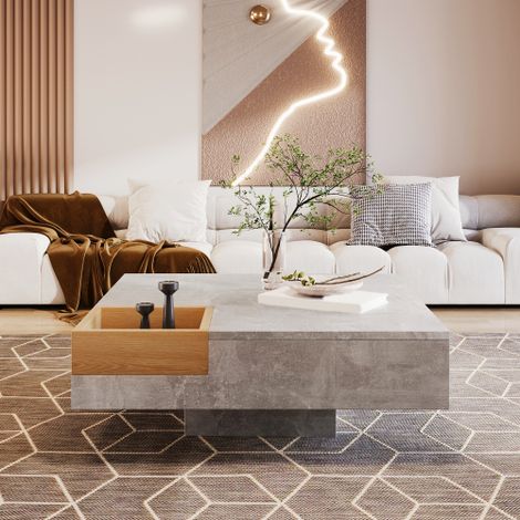 Tavolino da caffè, tavolino da soggiorno, tavolino laterale con contenitore estraibile, colore grigio cemento e legno, 727230 cm. (1/5)