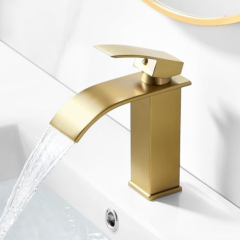Robinet cascade salle de bain doré brossé,mitigeur en laiton sans tirette,hauteur sous bec 107 mm,style moderne et élégant pour vasque ou lavabo (1/5)