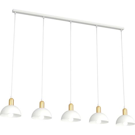 Lampadario 5 Luci Moto In Acciaio Bianco E Oro Diffusori A Cupola
