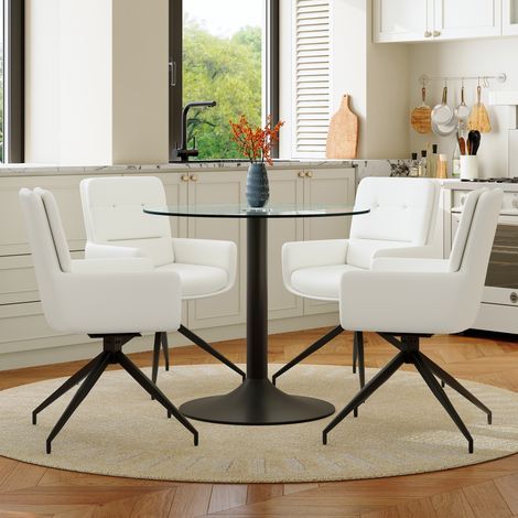 Ensemble table ronde et 4 chaises de salle à manger : table en verre trempé luxueuse et épurée avec pied central noir, chaises blanches en similicuir PU pivotantes à 360° (1/5)