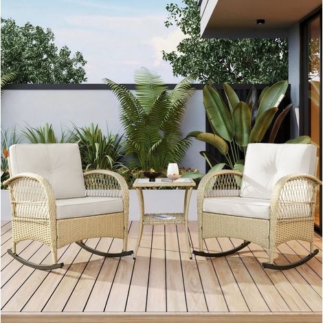 Conjunto de mecedoras de jardín de ratán sintético beige con mesa de vidrio templado, estructura metálica y cojines (1/5)