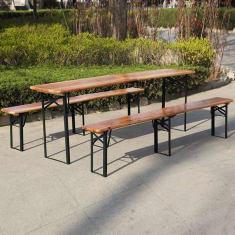 BIRCHTREE 3 Pieces Outdoor Patio Wooden Top Vintage Folding Beer Picnic Dining Table Bench Set Party Pub Garden Furniture Steel 3 Legs 220cm Natural (1/5)
