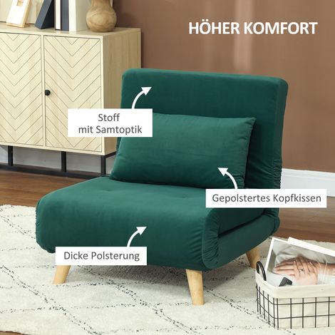 Fauteuil inclinable transformable en couchage, pliable, revêtement velours, dossier ajustable, capacité 120 kg, vert sombre