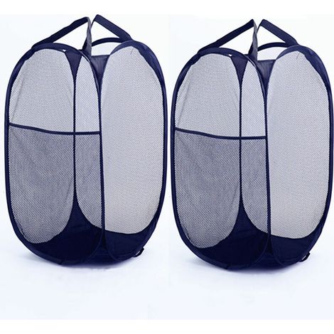 Panier à Linge Pliable, Corbeilles à Linge Pliable Pop Up en Maille Filet Sac à Linge avec 2 Poignées Renforcées, Organisateur pour vêtements et Jouets 36x36x60cm, Bleu, Lot de 2 (1/5)