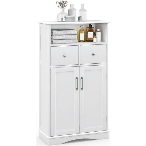 COSTWAY Badezimmerschrank freistehend Unterschrank Weiß Beistellschrank Holz mit 2 Schubladen, 2 Türen und verstellbare Regalebene für Wohnzimmer, Küche, Flur 60 x 30 x 108 cm (1/5)