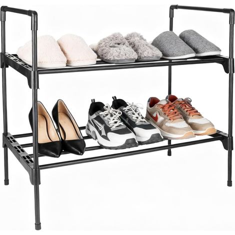 Étagère à chaussures à 2 niveaux, rangement de chaussures, en métal, fin, empilable, organisateur de chaussures pour couloir, salon, chambre à coucher, entrée (noir) (1/5)