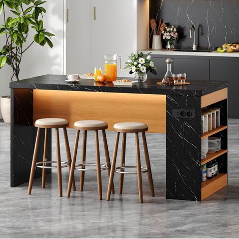 Isla de cocina 155 x 80 x 90 cm con LED, tomas USB y 3 estantes DESVIAE (1/5)