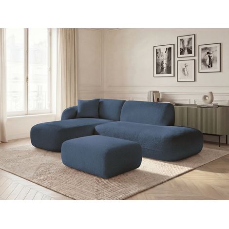 BOBOCHIC - Canapé d'angle fixe modulable ANDA avec 1 méridienne, 1 chauffeuse bout de canapé et 1 pouf Angle gauche  Bleu foncé