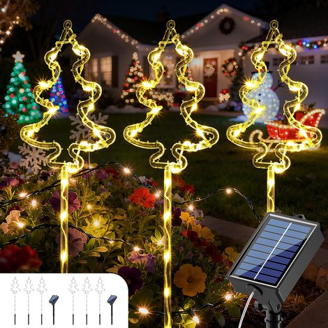 Lot de 6 piquets solaires pour sapin de Noël, 8 modes d'éclairage avec 20 LED blanc chaud chacun, 55 cm, allumage/extinction automatique, décoration extérieure pour jardin, allée ou terrasse. (1/5)
