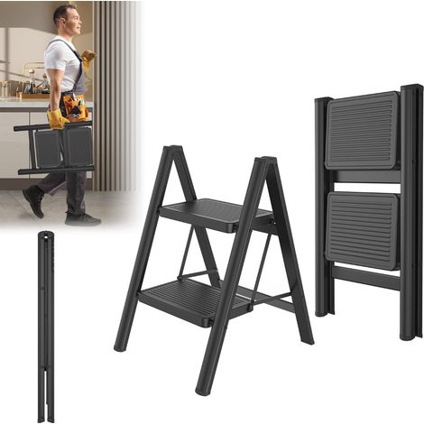 Escabeau pliable à 2 marches - Échelle en acier - Tapis en caoutchouc antidérapant - Marches élargies - Charge maximale : 150 kg - Pour la maison, le bureau, le garage - Noir