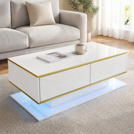 LED-Couchtisch 100x50x40 cm Weiß und Gold, 3 Schubladen, Hochglanz, PB-Platten (1/5)