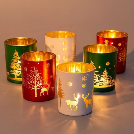 Photophore Verre pour Decoration Noel Table: Romadedi Lot De 6 Bougeoirs Noël pour Bougie Chauffe Plat Deco Table Noel, Verre De Noel pour Maison Fenetre, Contenant pour Bougie pour Salon Interieur (1/5)