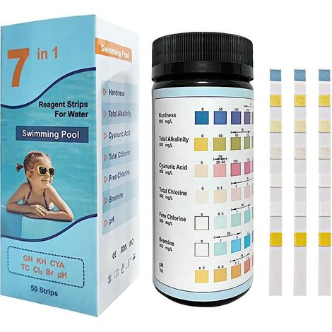 7 en 1 Bandelettes Test Piscine, 50 Testeur PH Chlore Piscine pour Tester avec précision la dureté, l'alcalinité Totale, l'acide cyanurique, Le Chlore Total, Le Chlore Libre, Le Brome et Le pH (1/5)