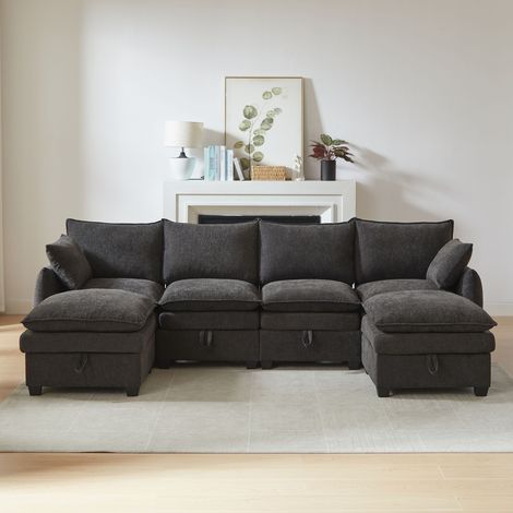 Canapé modulaire en U avec rangement intégré – ensemble de 4 assises et 2 poufs, revêtement en chenille, cadre en bois massif – pour salon et espace de réception (1/5)