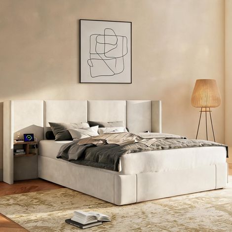 Cadre de lit beige en velours 200 x 266 x 109 cm (1/5)