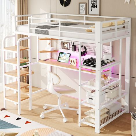 Lit mezzanine 90x200 cm - Avec bureau, étagères, panneau perforé, LED et prises - Métal et bois - Blanc (1/5)