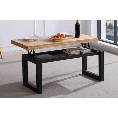 Pegane – Table basse relevable en bois chêne sauvage – Pieds métal noir – Dimensions 120x60x47 cm – Espace de rangement optimal