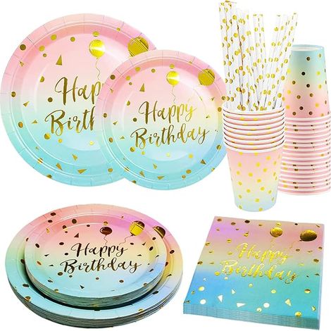 Ensemble de Vaisselle D'anniversaire Arc-en-ciel, Fournitures de Fête D'anniversaire pour Enfants en Papier, pour Enfants Filles Garçons Thème Décoration (1/5)