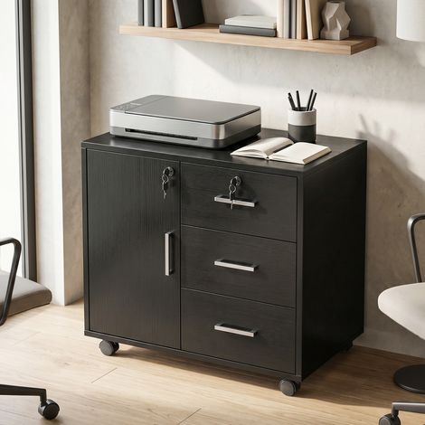 Caisson bureau verrouillable 3 tiroirs étagère réglable roulettes 40x60x56 cm noir. Rangement pratique et design pour un espace de travail moderne et organisé. (1/5)