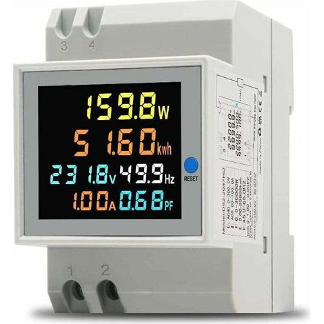 Compteur d'énergie monophasé, compteur électrique numérique, 40-300 V CA, 100 A, wattmètre monophasé, compteur sur rail DIN, voltmètre, ampèremètre, certifié CE (transformateur CA intégré) (1/4)