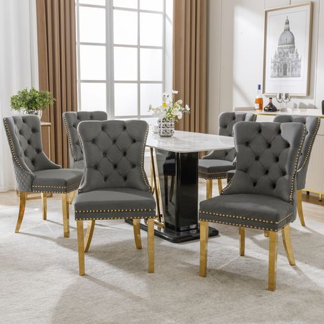 Lot de 6 chaises de salle à manger, dossier avec anneaux ronds, rembourrée et cloutée, pieds acier inoxydable doré, velours gris / or