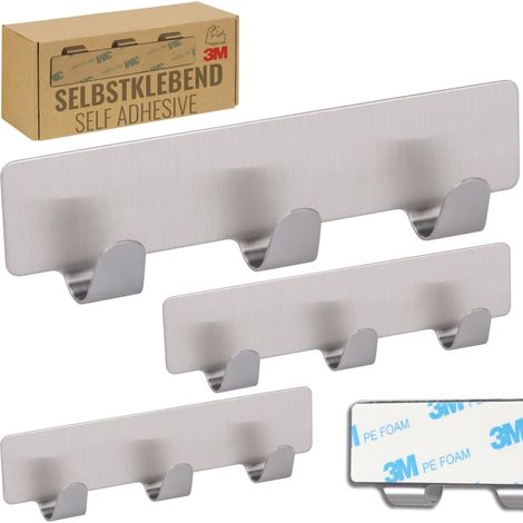 Crochet Adhesif Mural, Barre à Crochets avec 3 Crochets pour Cuisine et Salle de Bain Crochet porte manteau Patère murale Montage sans Percage Lot de 3, Acier Inoxydable Argent (1/5)