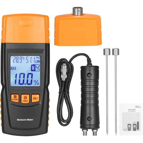 Humidimètre numérique 3 en 1 pour bois de chauffage : analyseur de teneur en eau, mesure de la température ambiante et de l'humidité, et utilise une sonde extra-longue pour le travail du bois.
