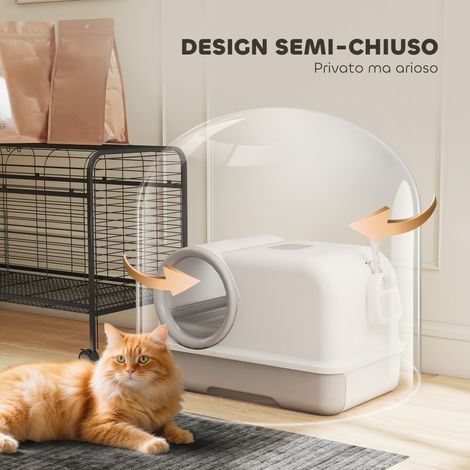 Litière close pour chat avec bac, racloir et sachets anti-odeurs, matière PP, dimensions 59x39.5x39.5 cm, couleur blanc et gris
