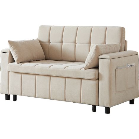 Sofá Cama 2 Plazas en Chenilla con Almacenaje en los Reposabrazos y Bolsillos Laterales, Beige 148.6 × 81.3 × 86.4 cm (1/5)
