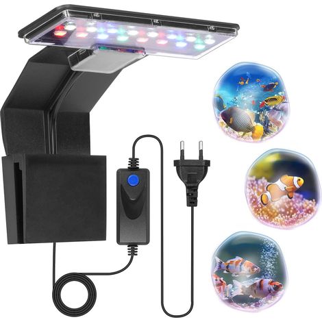 Lampe Aquarium, 9W 600LM Eclairage tricolore Lampe à Pince pour Aquarium, 16 Perles de Lampe LED Lampe Aquarium, Convient pour Aquarium de 6 mm d'épaisseur, pour Poisson et Plantes (Noir) (1/5)