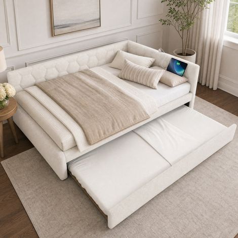 Lit banquette 140 x 200 cm en velours blanc avec structure MDF, lit gigogne, sommier à lattes, lampe de chevet, ports USB et USB-C – de FLORAGRACE (1/5)