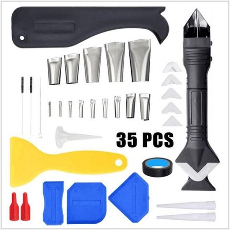 Outil de Calfeutrage en Silicone 35Pcs,Joint Calfeutrage Outils 3 en 1, Buses de Finition de Calfeutrage 14 Pcs, Kit de Grattoirs en Plastique Pour Coin de Sol de Cuisine de Salle de Bain (1/5)