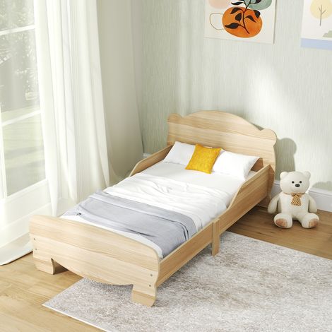 Cama infantil de 70x140 cm con barandilla de seguridad, diseño de oso, para niños y niñas de 3 a 6 años, madera natural.