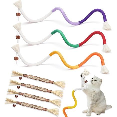 Jouet Chat, 3 Jouet Chat Corde et 4 Pièces Bâtonnets Herbe à Chat, Jouet de Dentition Chaton, Jouet a Macher Chat, pour Grincer des Dents Chats Intérieur Et Nettoyer Les Dents (1/5)