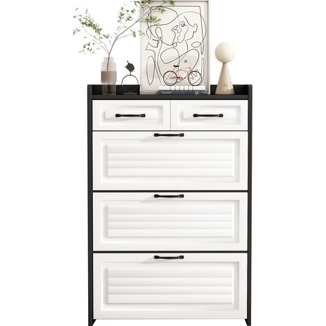 Meuble à chaussures pivotant avec trois grands abattants et deux tiroirs – Armoire à chaussures en bois pour entrée et salon, dimensions : L80 x P23,5 x H131 cm