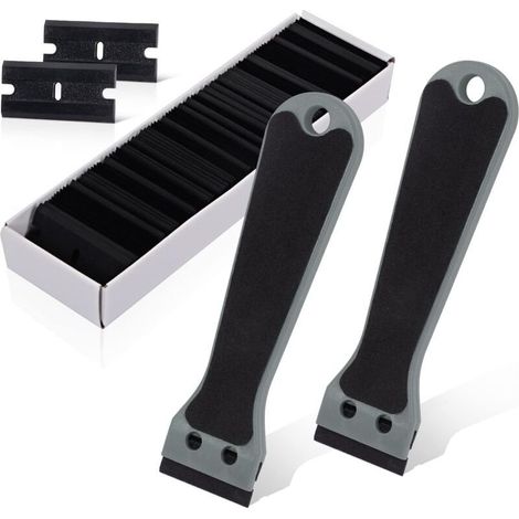2 Grattoir Plastique avec 100 raclettes, Long Manche Grattoirs, pour Enlever les étiquettes, a colle, la peintureAutocollants et décalcomanies, gris (1/5)