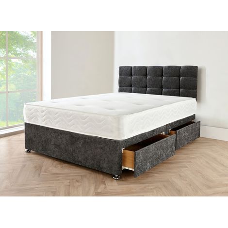 Divan Beds Deals Charcoal Chenille King Size Bed With Mattress And 2 Storage drawers And Matching Headboard â€“ 5FT King Size Bed With Mattress Included
