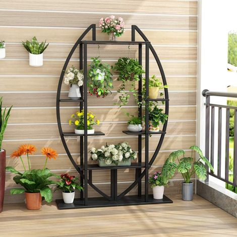 Tribesigns Blumenständer, 2 Stück Pflanzenregal mit 5 Ebenen und 2 Haken, 180cm Hoch Pflanzenständer Metall Blumenregal für Indoor Balkon Boden Blumentreppe Wohzimmer (Mattschwarz) (1/5)