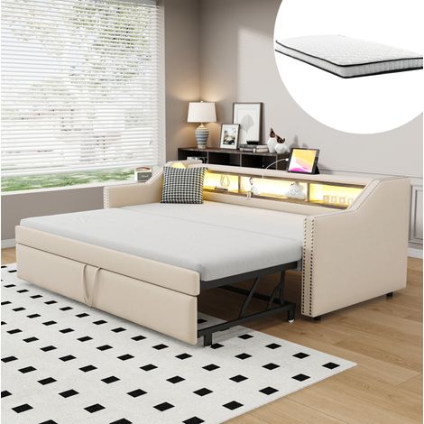 Canapé-lit escamotable 90/180 x 190 cm en lin beige, avec LED, USB et rangements (1/5)