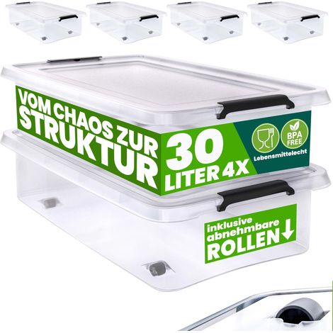 DEUBA® Scatola in plastica Contenitore con Coperchio Impilabile Trasparente Ruote Chiusura a Scatto Salvaspazio Senza BPA 60L/30L 4x 30L (de)