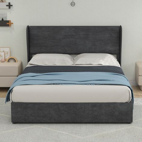 Lit rembourré moderne et minimaliste avec tête de lit douce et confortable, 140x200 cm, gris, meuble de chambre multifonctionnel, sommier coffre haut avec mécanisme de levage à gaz, matelas non inclus (1/5)