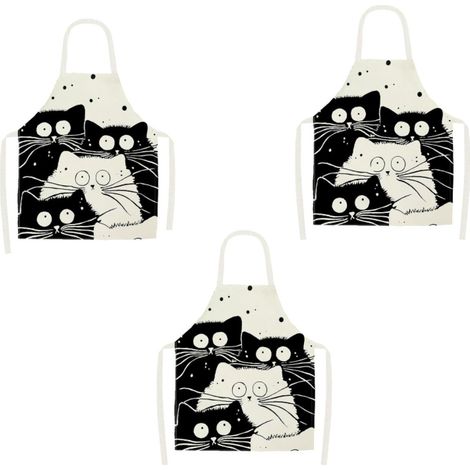 Delantal de cocina de lino personalizado con diseño de gato - Ajustable y resistente a las manchas para hombres y mujeres, ideal para barbacoas (3 piezas) (1/5)
