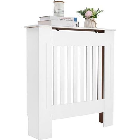 Cache Radiateur Couvercle De Radiateur À Motif De Rayures Verticales En Panneau Mdf E1 Ventilé De Conception Traditionnelle Simple Blanc S 78x19x81.5cm (1/5)